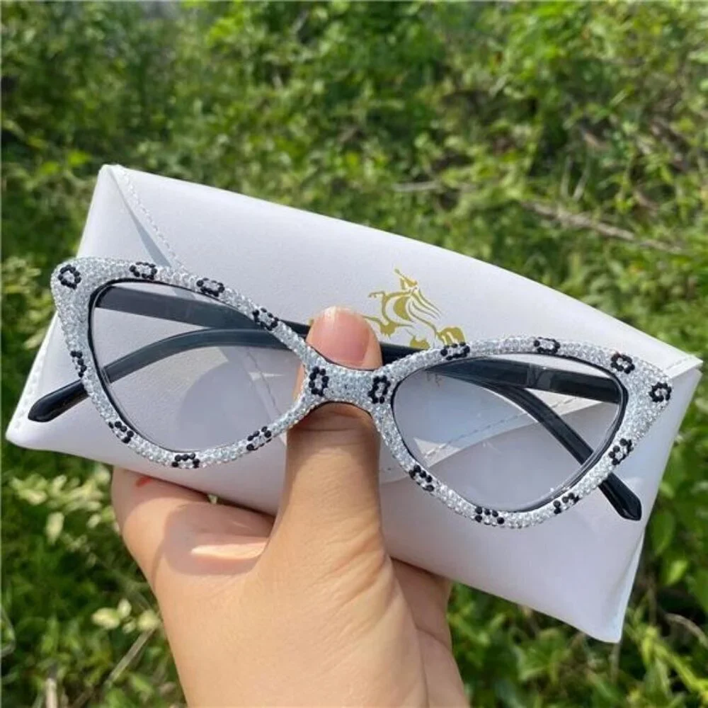 White Rhinestone Cat-Eye Glasses Vintage Frames with Black Leopard X1.0 Magnify